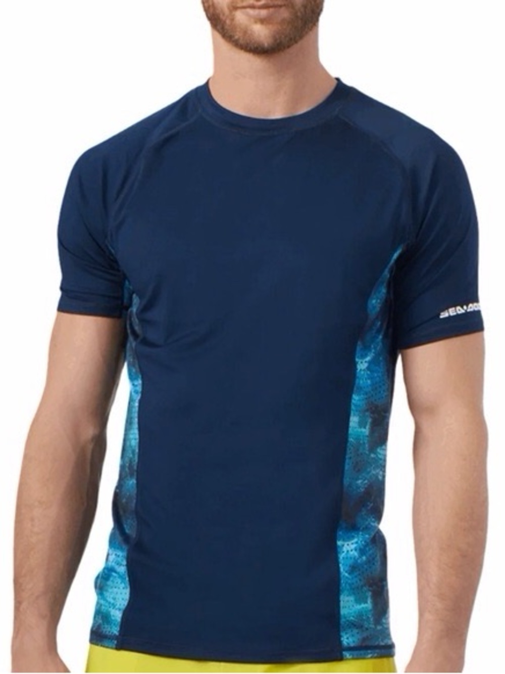 Men's Short Sleeve Navy Blue Swim Rash Guard with Patterned Side Panels